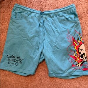 Ed Hardy Turquoise Swim Shorts with Multicolor Flame Skull Graphic